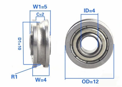 4x12x4mm U Groove Track Roller Bearing with extended width of 5mm